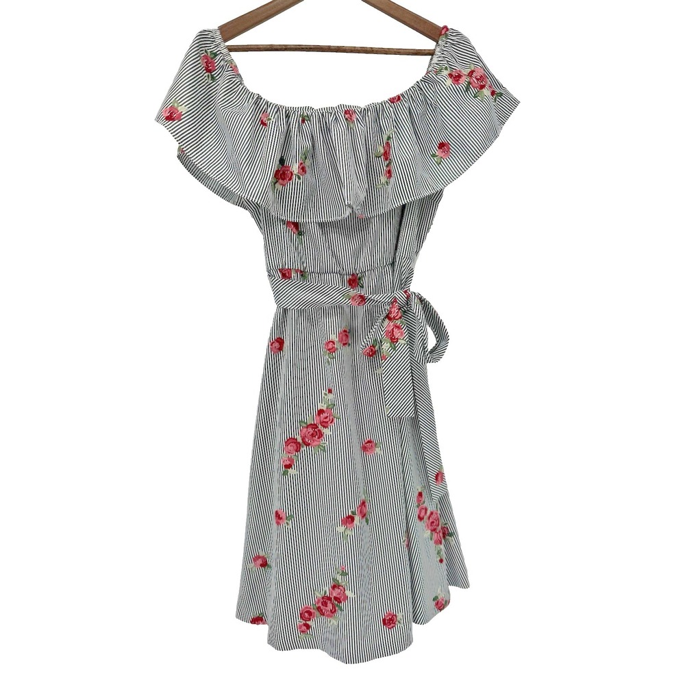 Calvin Klein‎ Off Shoulder Stripe Embroidered Floral Dress Cottagecore Bloomcore